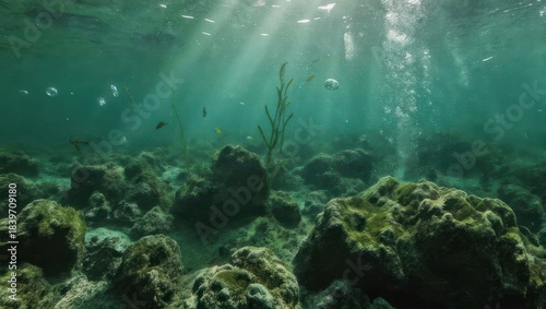 Underwater scene with rocks and sunlight filtering through the water.