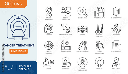 Cancer treatment line editable icon set. Editable stroke. Vector illustration