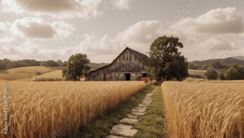 Rustic Barn in a Golden Wheat Field Under Cloudy Sky.