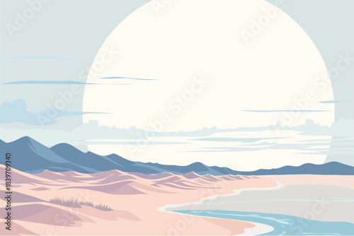 Pastel coastal landscape with pink sand dunes, blue mountains and calm sea under giant rising sun, modern flat vector illustration of dreamy beach scenery, serenity and summer travel concept.