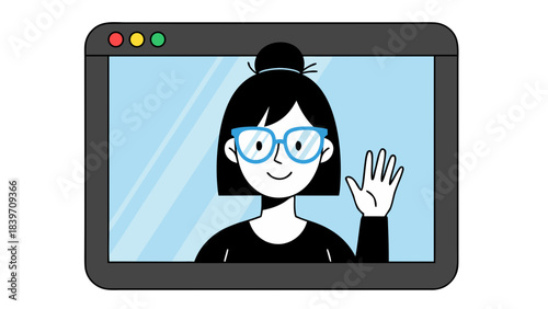 Digital Window Displaying A Smiling Woman With Glasses Waving Hello In A Casual Black Top And Her Hair In A Bun Against A Bright Blue Background With A Dark Border And Red Yellow Green Buttons At The
