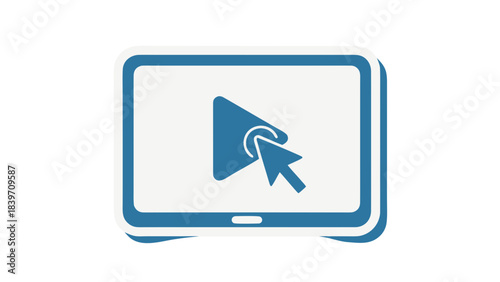 Digital Tablet Displaying Play Button Icon With Cursor Clicking On It Representing Online Video Streaming And Media Playback In Blue And White Tones On A Black Background With Outline