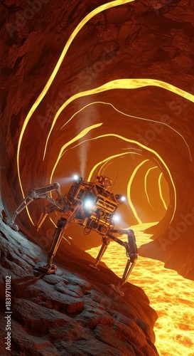 Mechanical exploration unit traverses treacherous terrain within a glowing subterranean passage