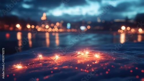 Captivating Sparklers on Snowy Shoreline: Winter Holiday Magic Sparking Festive Memories between
