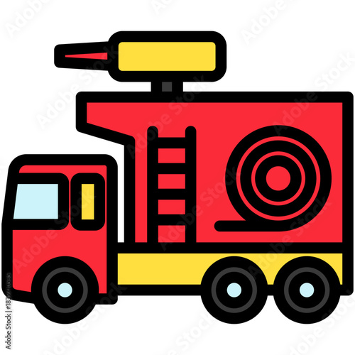 Fire Truck Outline Color Icon Mini Illustration, Use For Modern Concept, Print, Ui, Ux Kit, Web And App Development. Vector Related To Firefighter, Rescue And More