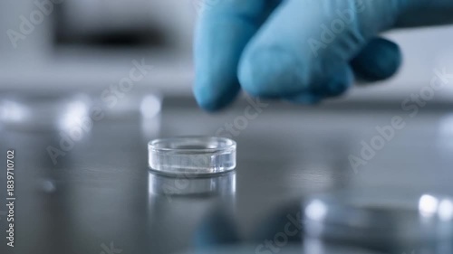 A close-up of a gloved hand manipulating a sample on a laboratory surface, showcasing precis