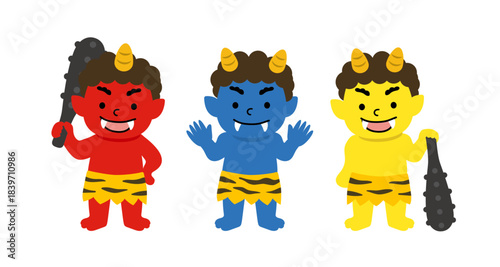赤鬼・青鬼・黄鬼のかわいいイラストセット（子供向け・ベクター素材）