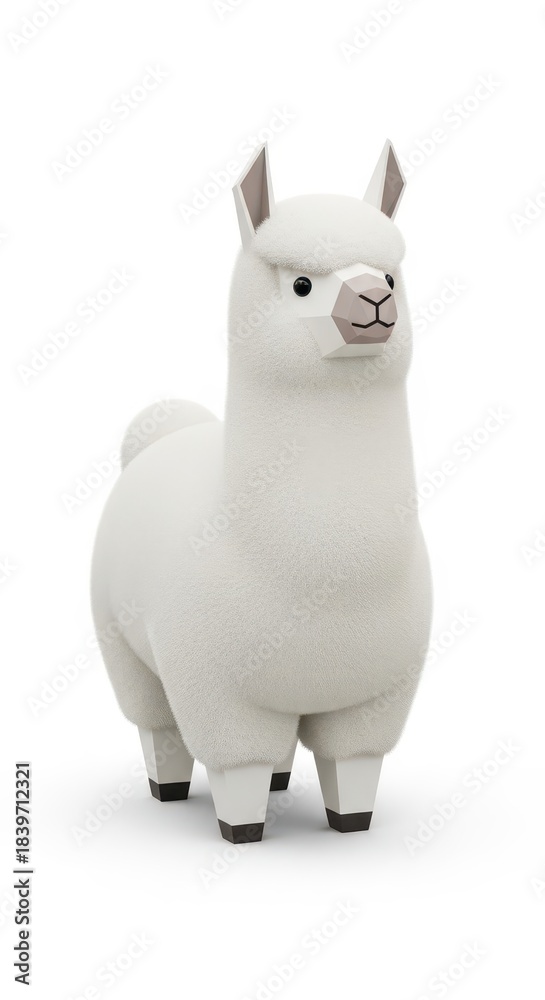 Obraz premium Stylized white fluffy mammal with low polygon facial features standing against a white background