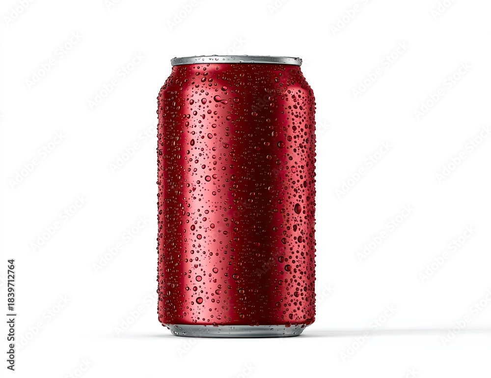 Fototapeta premium Chilled red beverage can with water droplets stands on a white background.