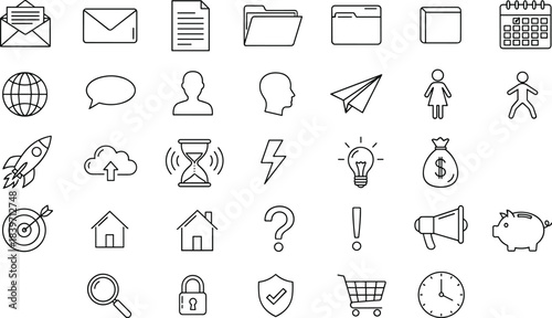 Blue outline UI icon set, communication business interface symbols minimal vector design web app elements pack marketing startup finance productivity