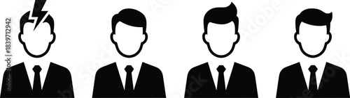 Abstract business avatar icons set, male profile silhouettes with different hairstyles, professional employee identity symbols for corporate teamwork branding, marketing