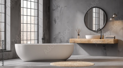 Modern bathroom with freestanding tub, rustic vanity, and large windows.
