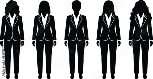 Business team silhouettes, corporate diversity, professional attire, gender representation, workplace equality, formal clothing, office people, teamwork, leadership, unity