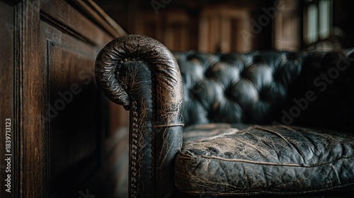 Vintage chesterfield sofa with button tufting and leather texture.