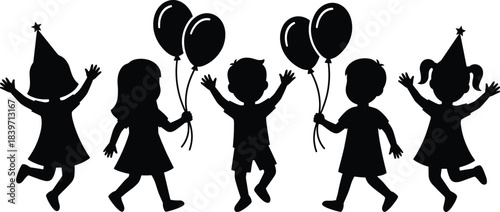 Children silhouette celebration, birthday party joy, kids dancing fun, festive balloons, happy childhood moment, star hats, playful gathering, cheerful event