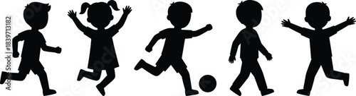 Children silhouette playing, running, jumping, kicking ball, joyful kids activity, outdoor fun, energetic movement, childhood happiness, black figures, dynamic pose