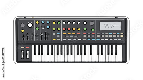 Electronic Synthesizer Keyboard With Multiple Colored Knobs And Buttons And Display Screen In A Studio Setting On A Black Background