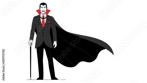 Elegant Vampire Character in a Black Suit Red Tie and Flowing Cape Standing Against a Dark Background with Dramatic Lighting