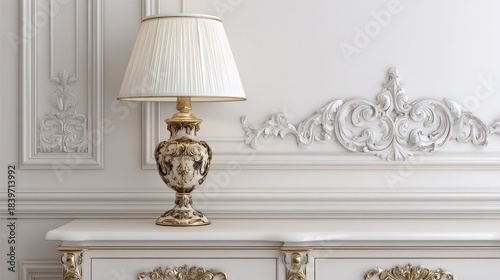 Ornate table lamp on a gilded dresser against a detailed white wall.