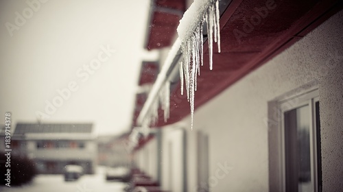Icicles form along the eave of a building during cold weather conditions