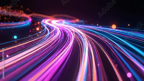 Abstract Neon Light Trails Flowing Across Dark Background.