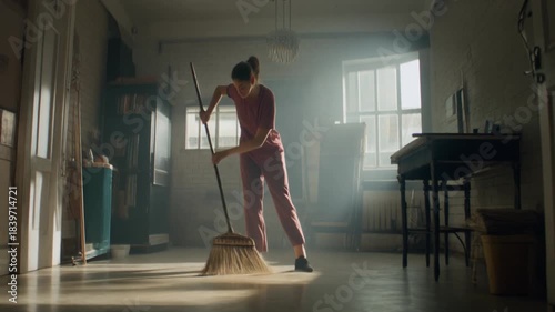 A dedicated woman sweeps a sunlit, dusty room, her movements highlighted by shafts of light revealing airborne particles, embodying diligent domesticity and the pursuit of a clean living space