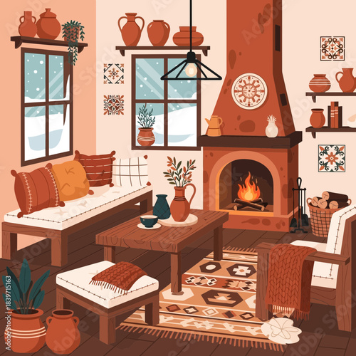 Cozy and Warm living room with fireplace decorated with traditional pottery and textiles in a