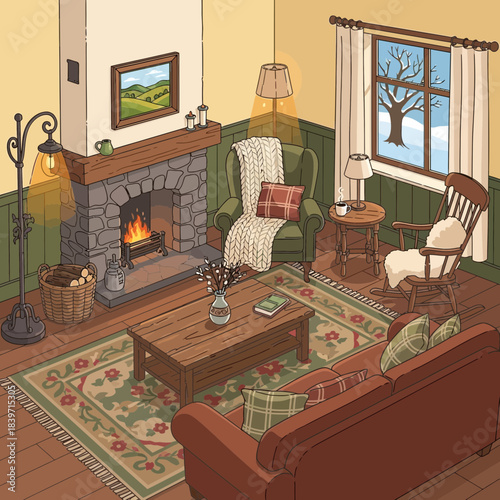 Cozy living room with fireplace, classic furniture, and autumn view through window