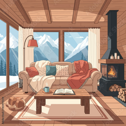 Cozy living room with large window view of mountains, warm fireplace, and comfortable sofa