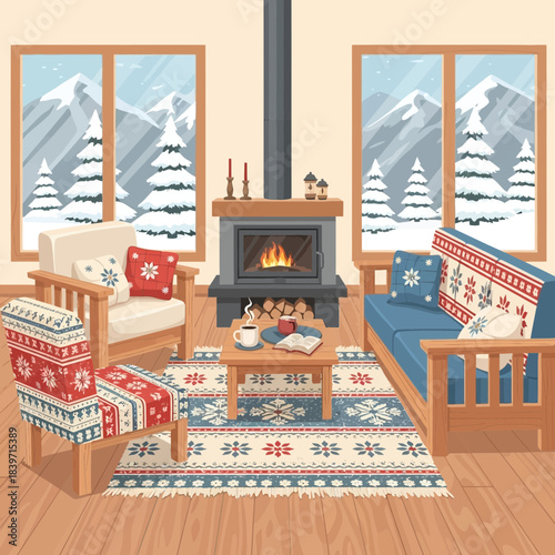 Cozy mountain cabin living room with wood stove and winter views large windows