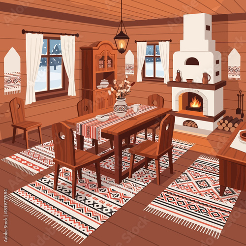 Cozy rustic interior of a traditional wooden dining room with fireplace and decorated table setting