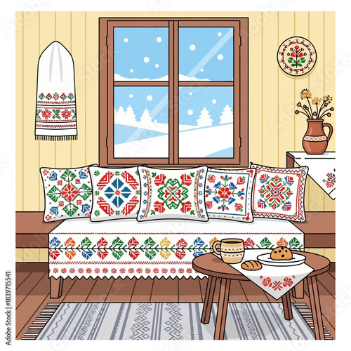 Cozy Scandinavian Inspired Living Room with Traditional Decor and Snowy Window View