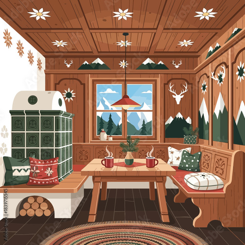 Cozy rustic mountain cabin interior with wood paneling and mountain views with festive decor