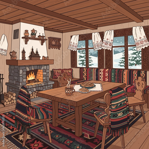 Cozy rustic winter cabin interior with a warm fireplace in the living room