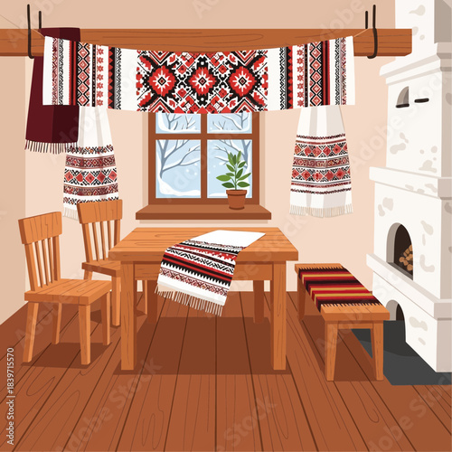Cozy traditional interior with embroidered textiles and a wooden dining area with a window view of