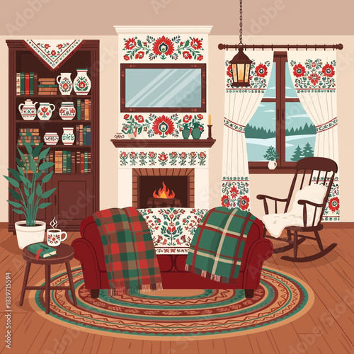 Cozy traditional living room decorated with floral patterns and warm fireplace ambiance