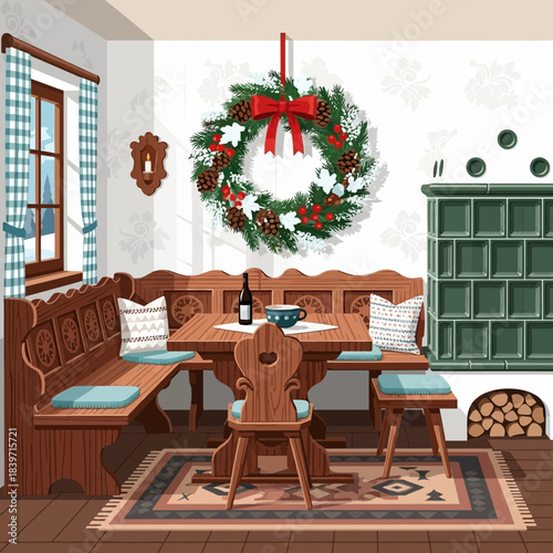 Festive Christmas wreath hanging above cozy dining nook with traditional wooden furniture and