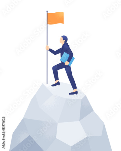 困難を乗り越え成功を掴む。氷山の頂上に旗を立てるキャリアウーマン。