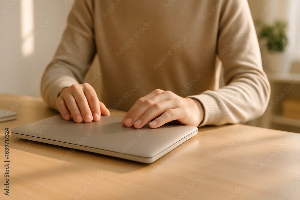 Fototapeta premium A person with fair skin gently rests their hands on a closed laptop, surrounded by a warm and inviting workspace.