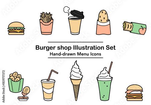 手描きのファストフードメニューを並べたアイコンセットのイラスト｜ハンバーガーやポテトやドリンクが並ぶカフェ風のデザインが特徴のメニュー素材
