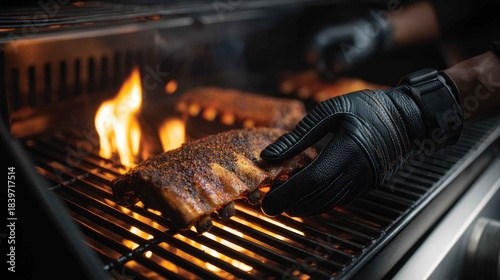 Grilled Barbecue Ribs Being Cooked on a Hot Grill With Flames