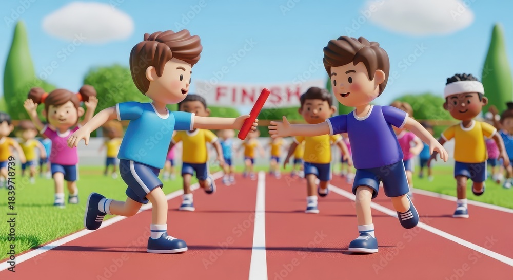 Fototapeta premium Cartoon children participate in a track and field relay race exchange on a sunny day