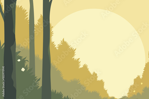 Sunrise in quiet forest with tall trees and warm golden light, modern flat vector illustration of peaceful woodland morning, nature, mindfulness and slow living in soft earthy tones.​