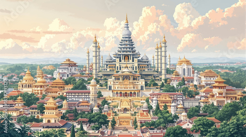 Lush temple city with intricate golden architecture. Vibrant temple city surrounded by rich cultural heritage. Majestic cityscape filled with stunning golden temples