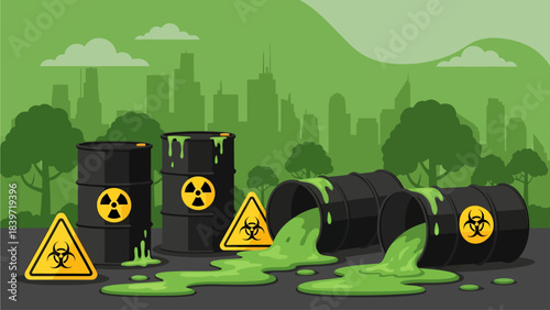 Black barrels marked with yellow danger symbols tip over to spill thick, neon green radioactive sludge onto the ground, creating a toxic hazard in front of a smoggy, silhouette city skyline