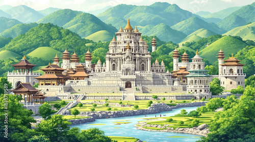 Majestic temple complex surrounded by serene mountains. Ancient architecture set in a lush, river-filled landscape. Breathtaking view of a royal temple amidst green hills