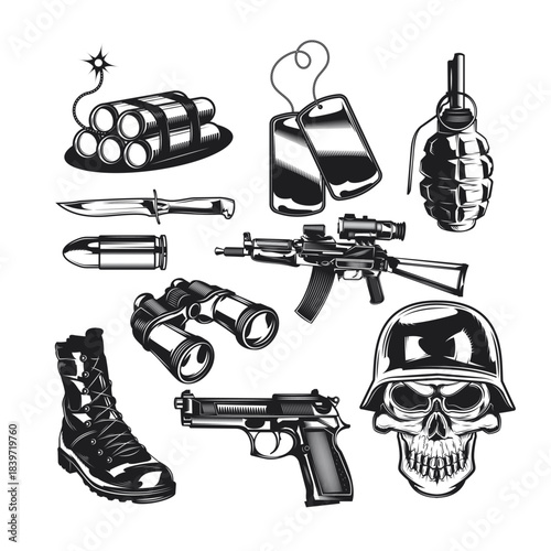 Military gear, weapons, and skull vector collection on white. isolated on white background, Vector