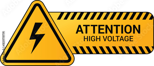 Electrical danger hazard sign. High voltage warning hazard with lightning symbol on yellow striped background