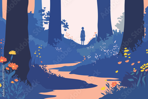 Girl standing on forest path surrounded by tall trees and glowing wildflowers, modern flat vector illustration of magical woodland, solitude, self discovery and fairytale atmosphere.​