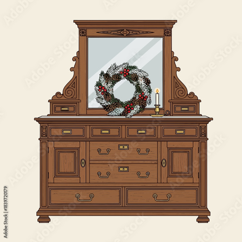 antique wooden dresser with a large mirror and holiday wreath decoration